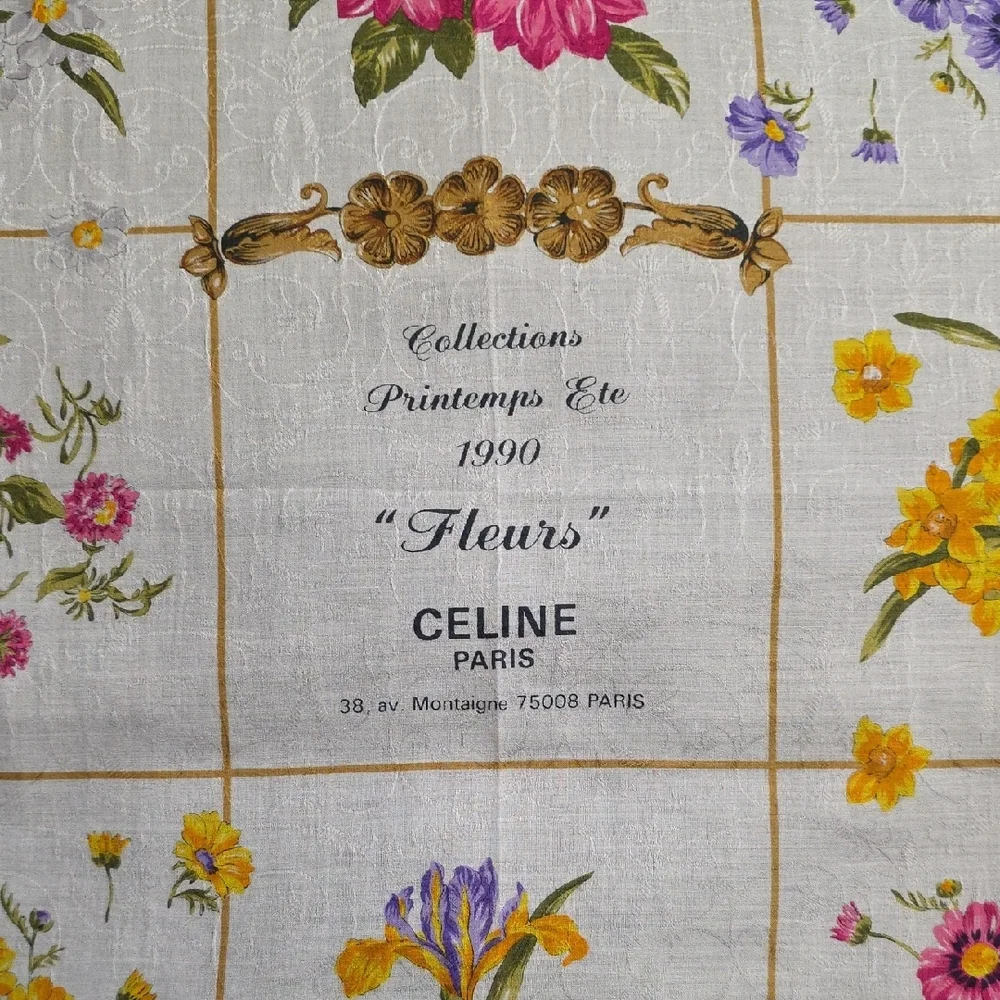 Vintage Celine Floral Silk Scarf with Navy and Red Border